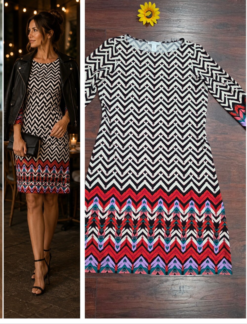 LONDON TIMES Chevron Print Crewneck Sheath Dress in Black & Red